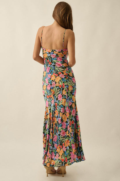 Brightly Blooming Floral Satin Cami Maxi Dress