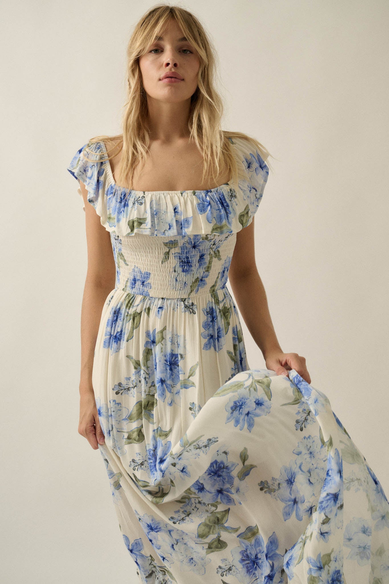 Elegant Garden Floral Smocked Off-Shoulder Maxi Dress