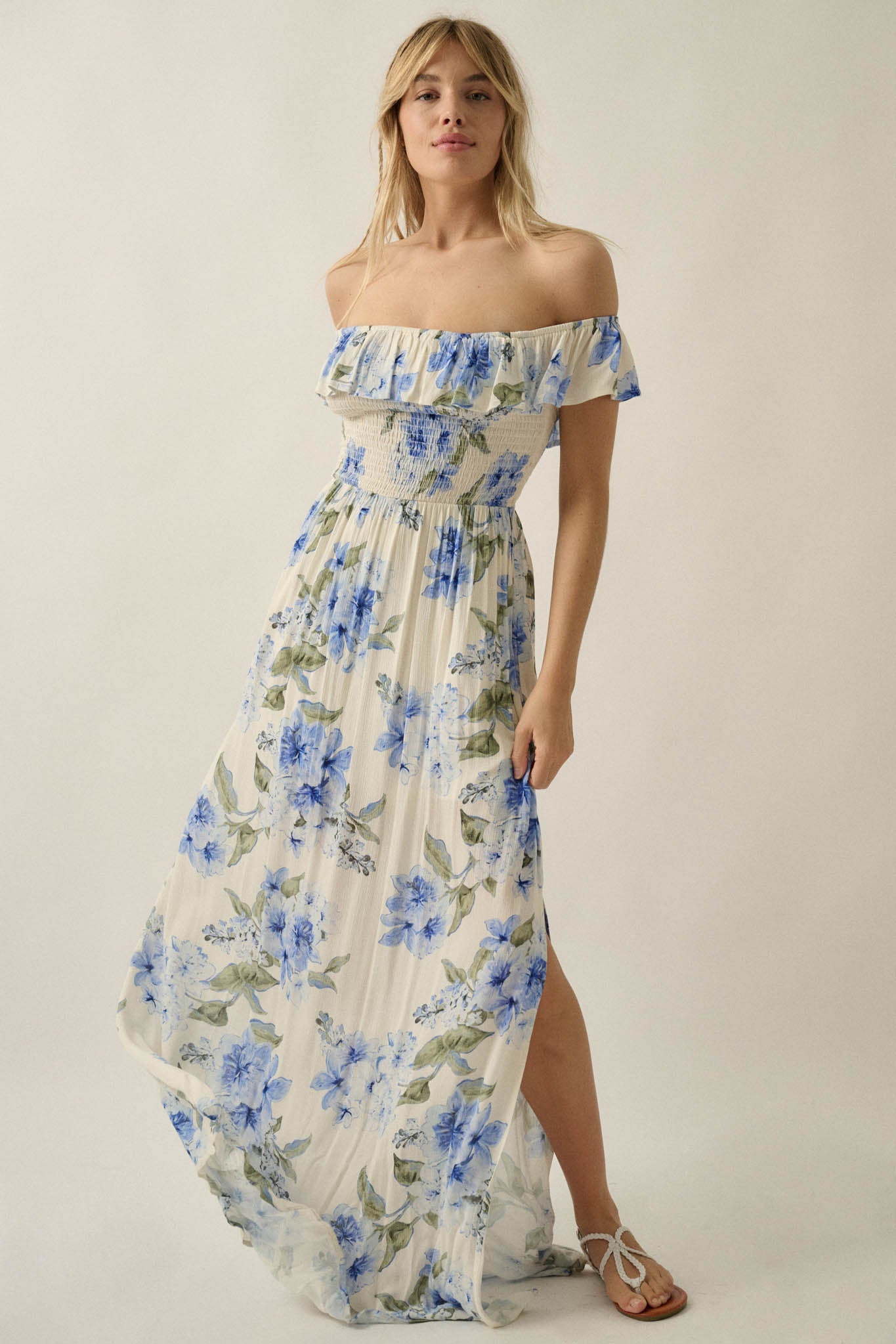 Elegant Garden Floral Smocked Off-Shoulder Maxi Dress
