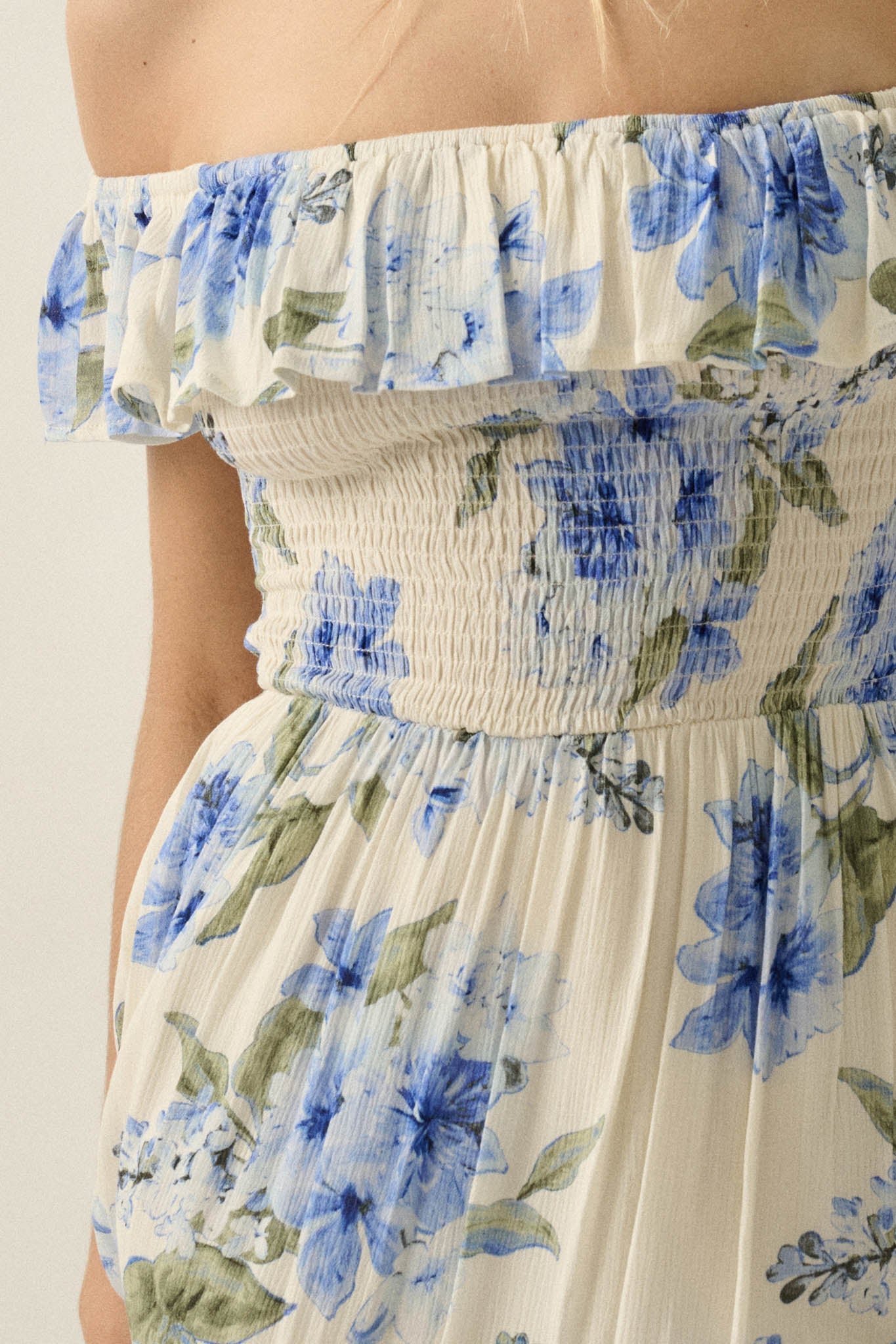 Elegant Garden Floral Smocked Off-Shoulder Maxi Dress