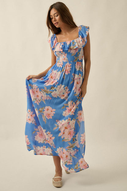 Elegant Garden Floral Smocked Off-Shoulder Maxi Dress