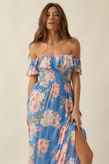 Elegant Garden Floral Smocked Off-Shoulder Maxi Dress