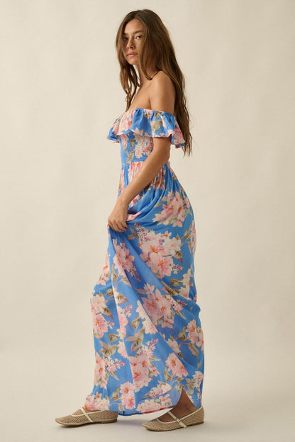 Elegant Garden Floral Smocked Off-Shoulder Maxi Dress