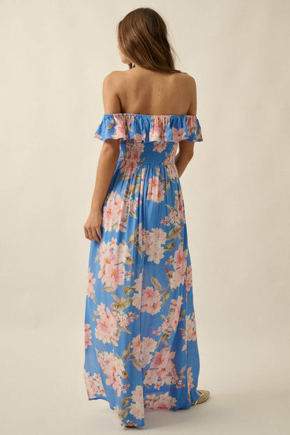 Elegant Garden Floral Smocked Off-Shoulder Maxi Dress