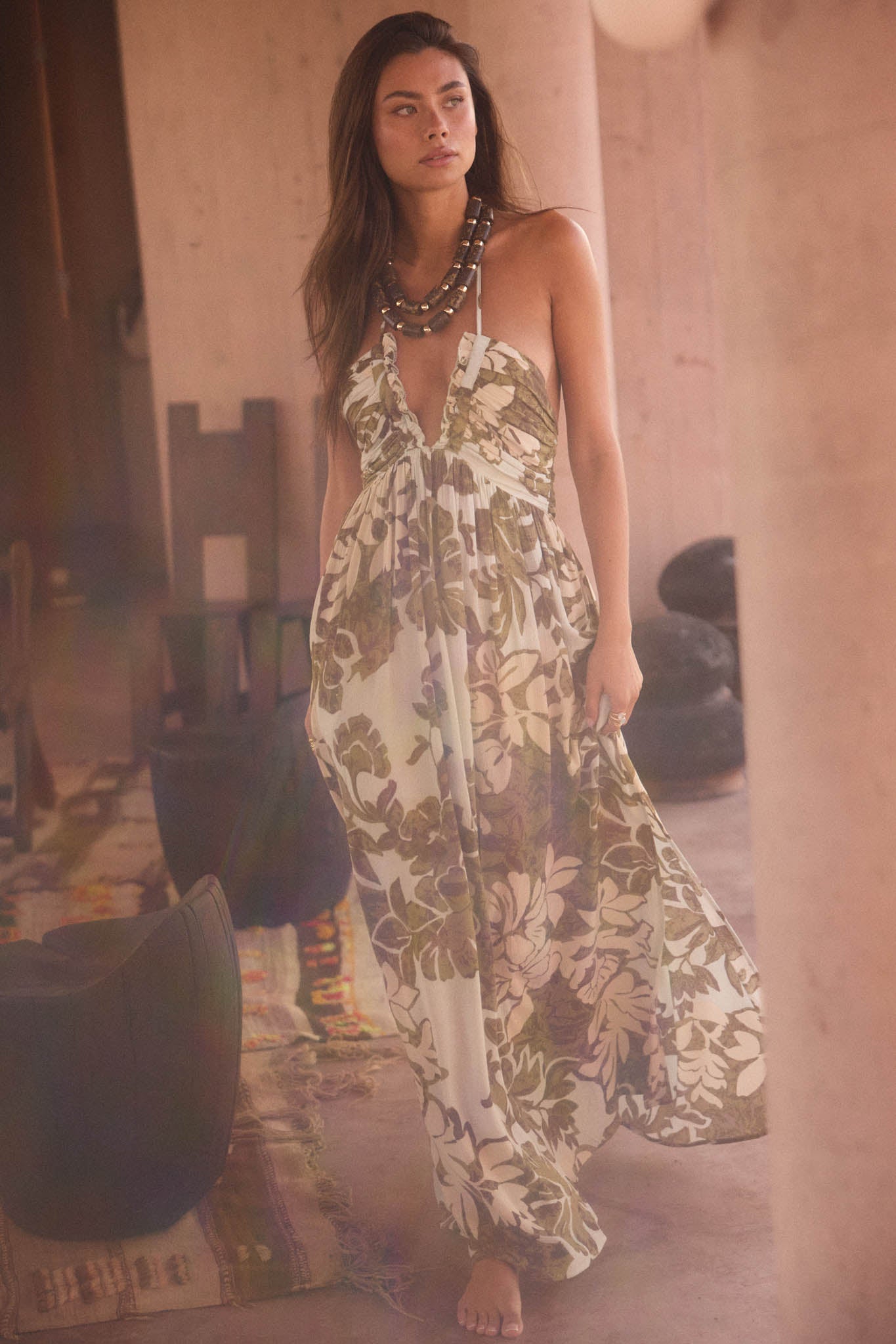 Jungle Beauty Leaf-Print Tie-Back Halter Maxi Dress