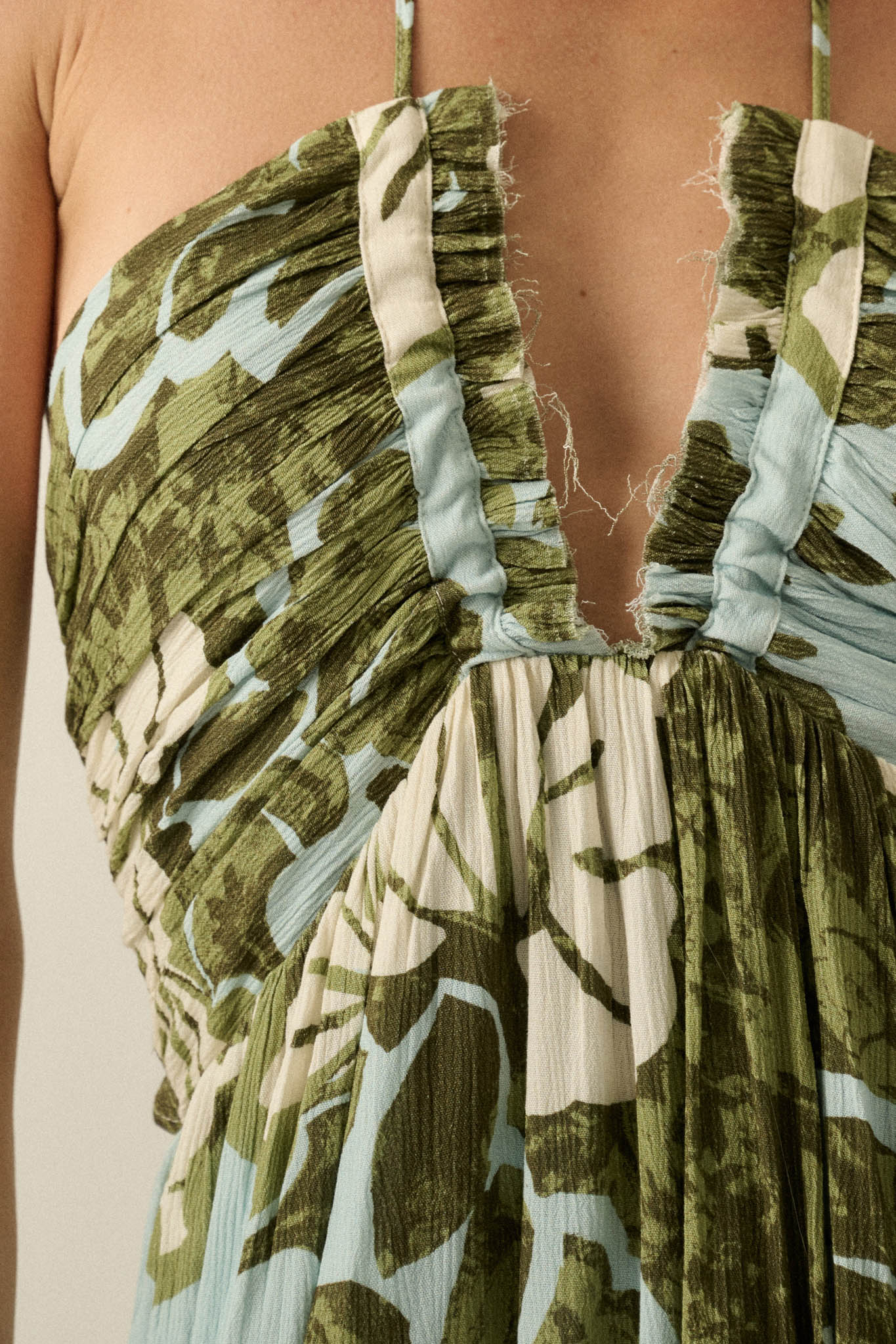 Jungle Beauty Leaf-Print Tie-Back Halter Maxi Dress