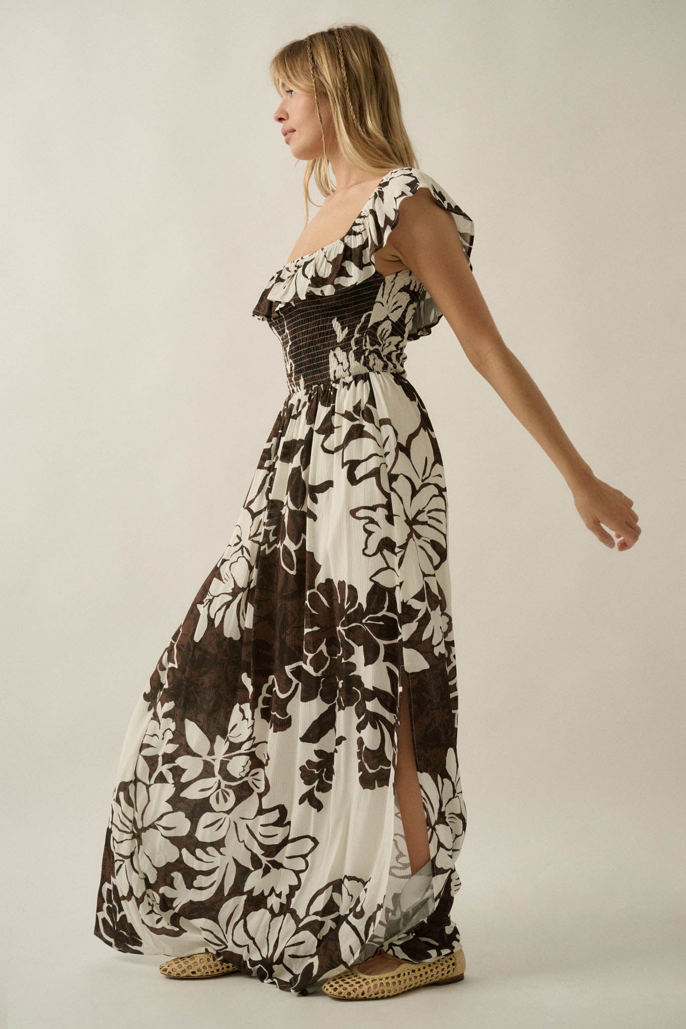 Lost Jungle Leaf-Print Off-Shoulder Ruffle Maxi Dress