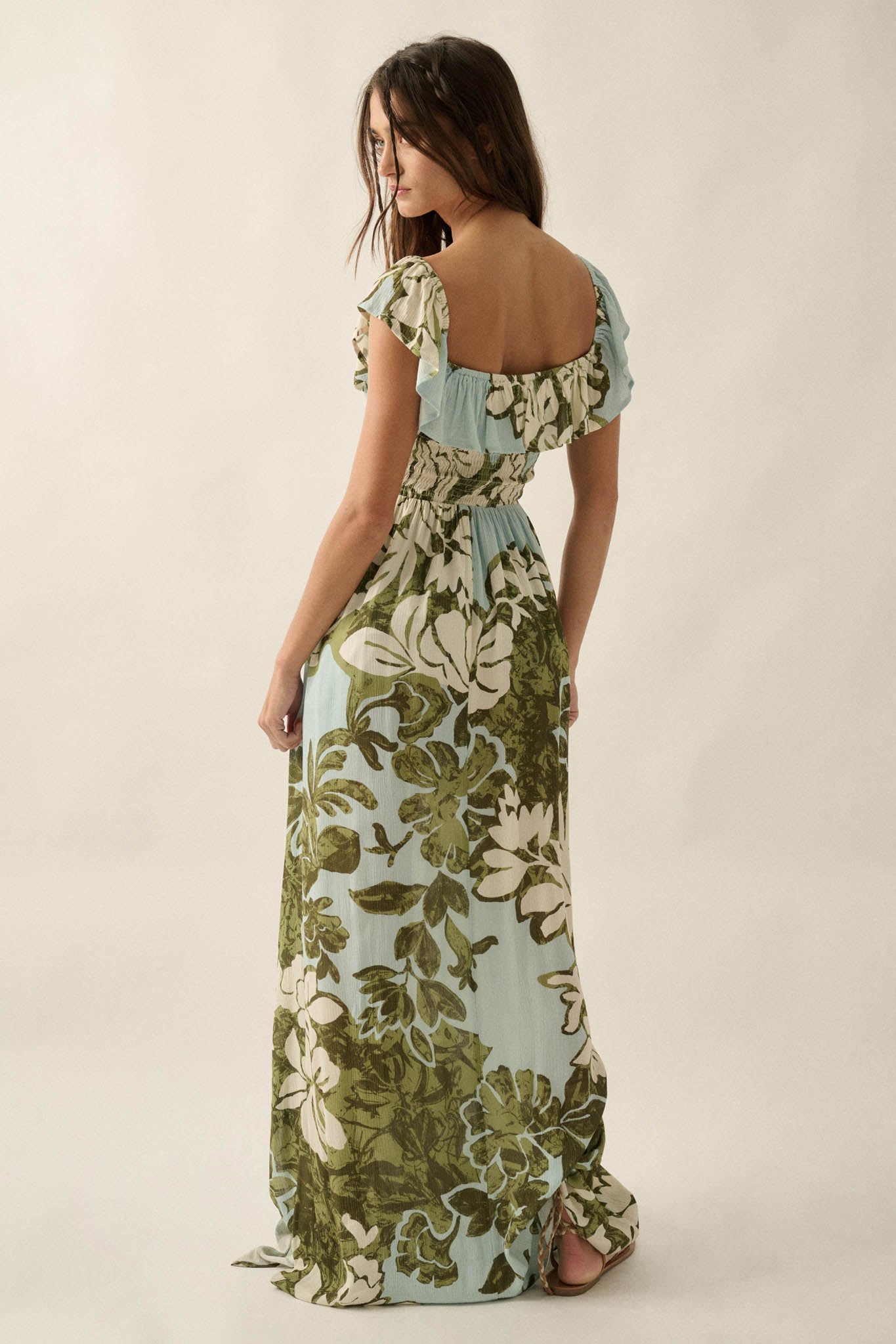 Lost Jungle Leaf-Print Off-Shoulder Ruffle Maxi Dress