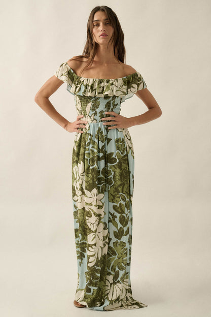 Lost Jungle Leaf-Print Off-Shoulder Ruffle Maxi Dress