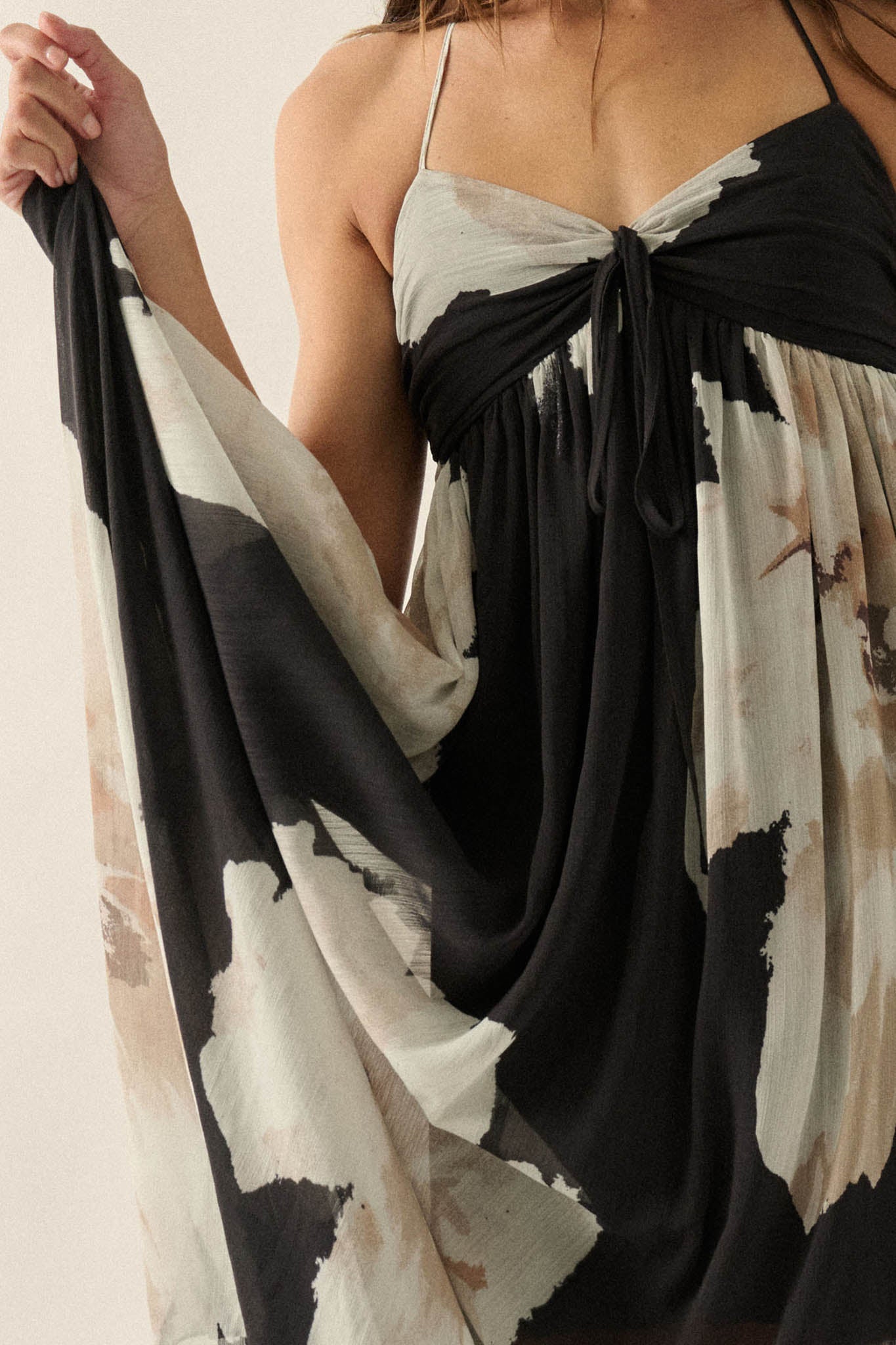 Painted Peonies Floral Chiffon Halter Maxi Dress