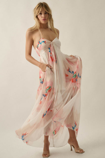 Painted Peonies Floral Chiffon Halter Maxi Dress
