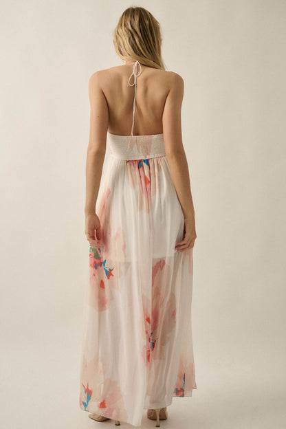 Painted Peonies Floral Chiffon Halter Maxi Dress