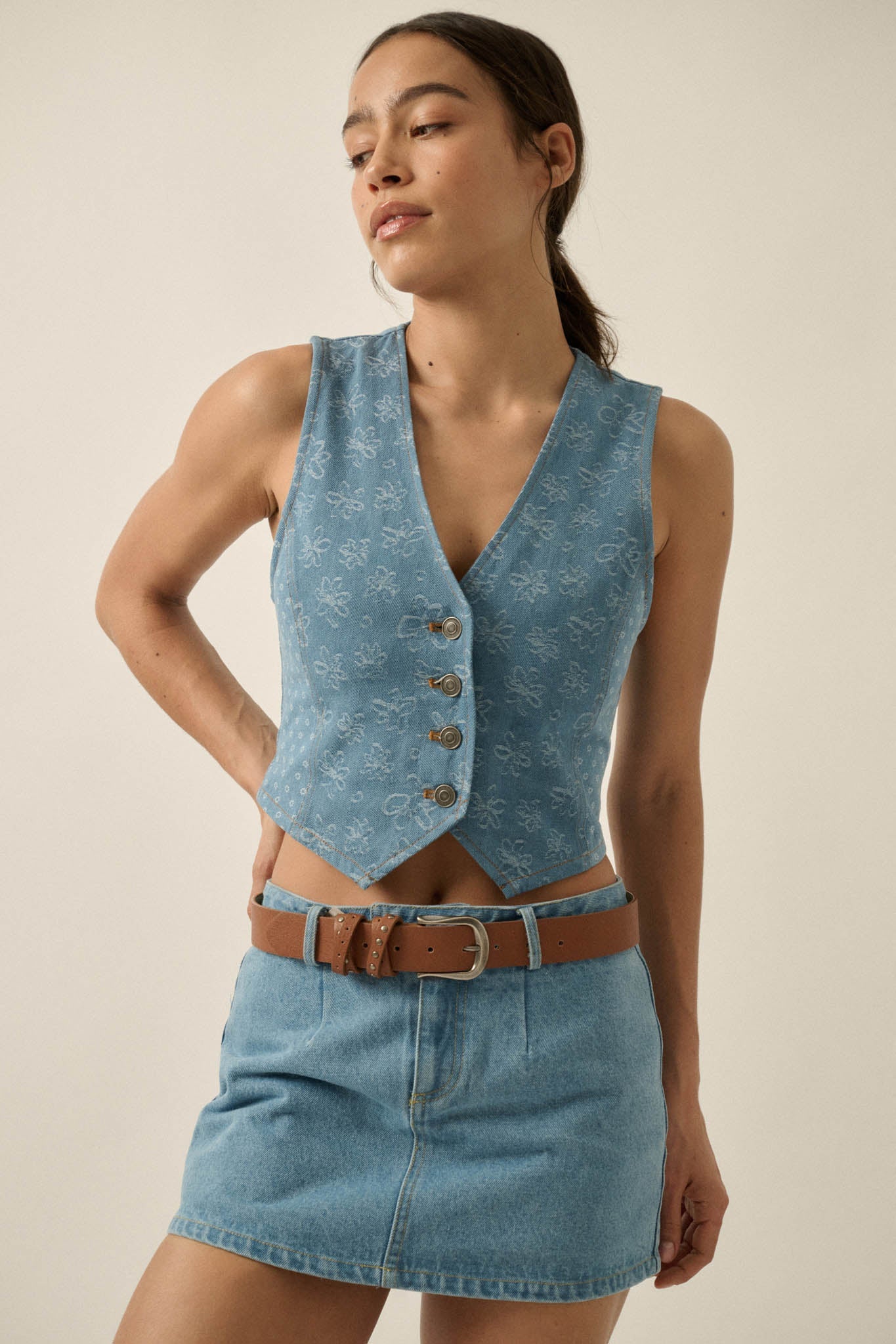 Denim Blooms Floral Jacquard Denim Cropped Vest