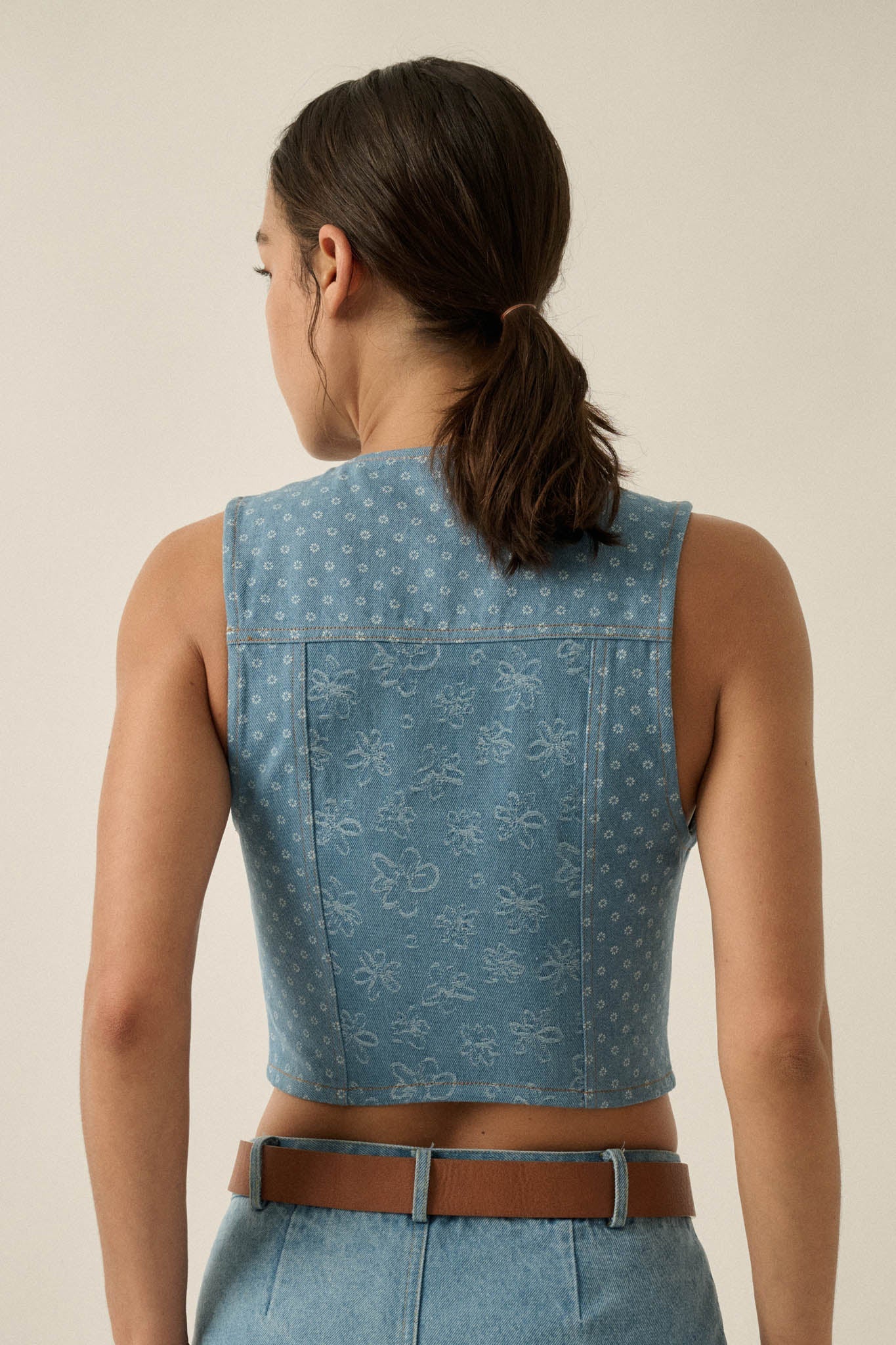 Denim Blooms Floral Jacquard Denim Cropped Vest