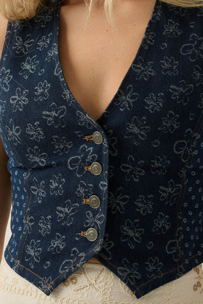 Denim Blooms Floral Jacquard Denim Cropped Vest