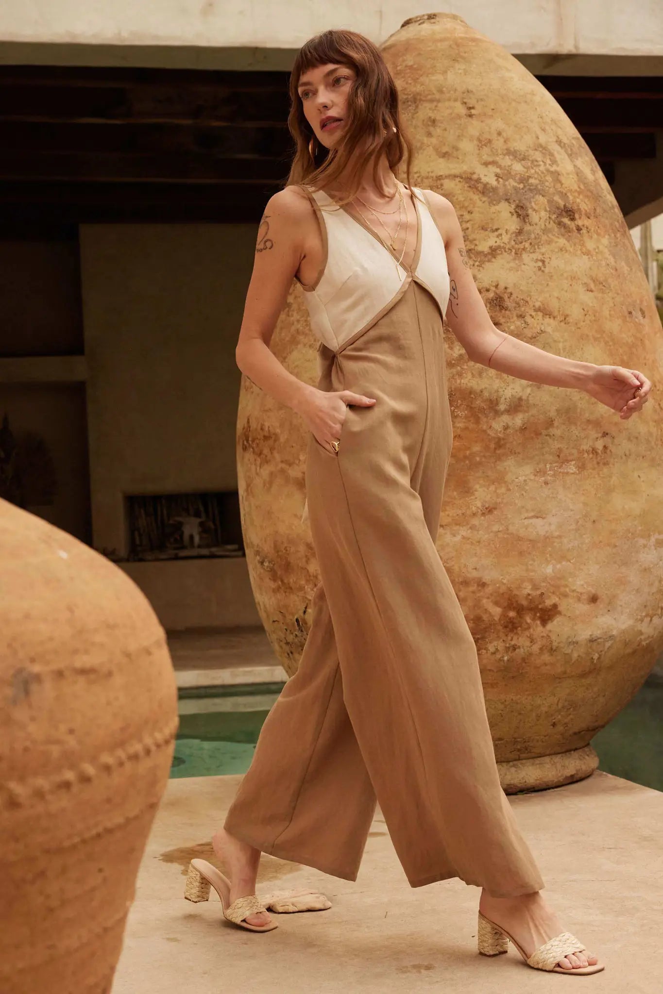 Second Nature Colorblock Linen-Blend Jumpsuit