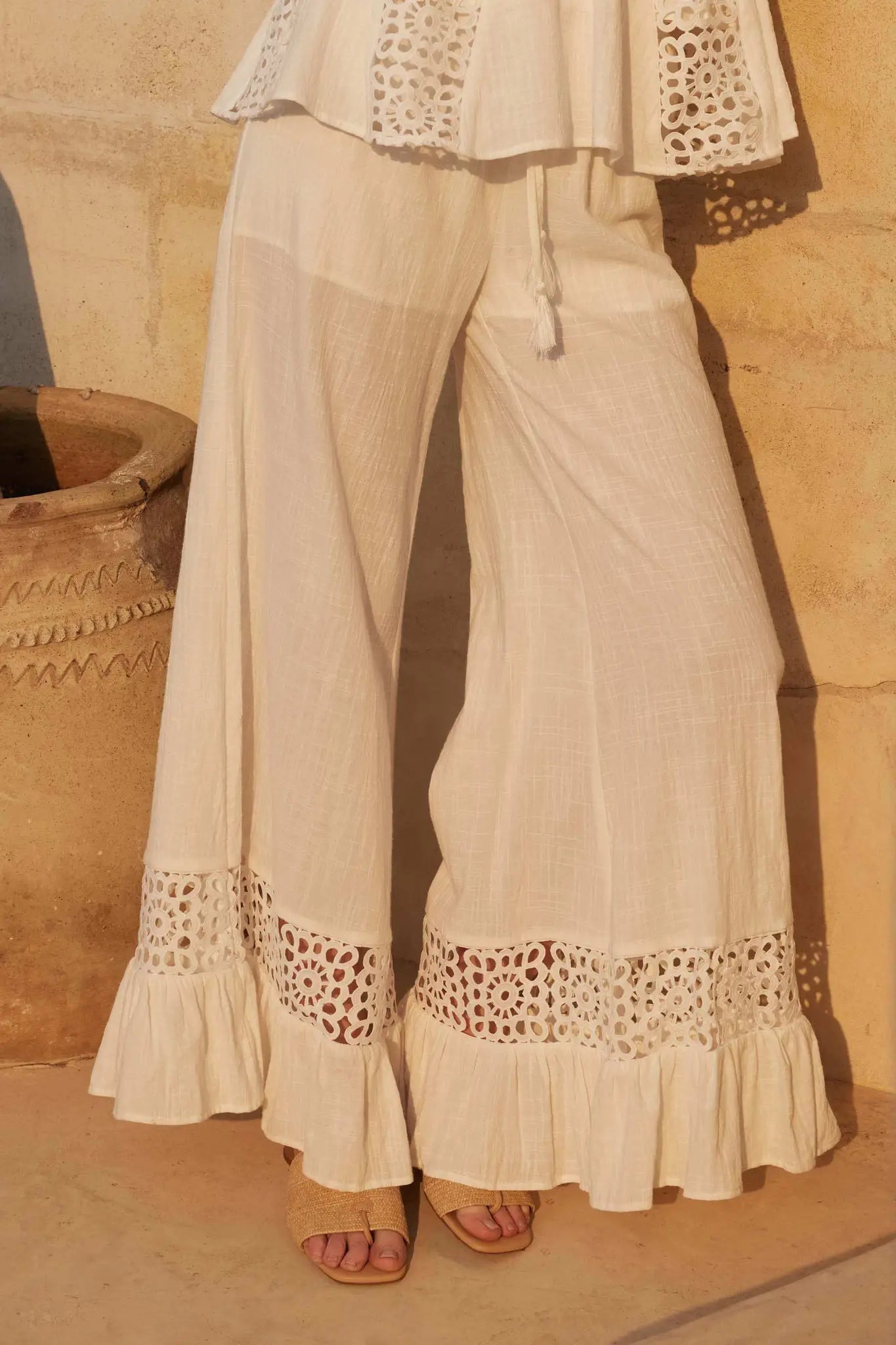 Free Spirit Lace-Inset Ruffled Wide-Leg Pants