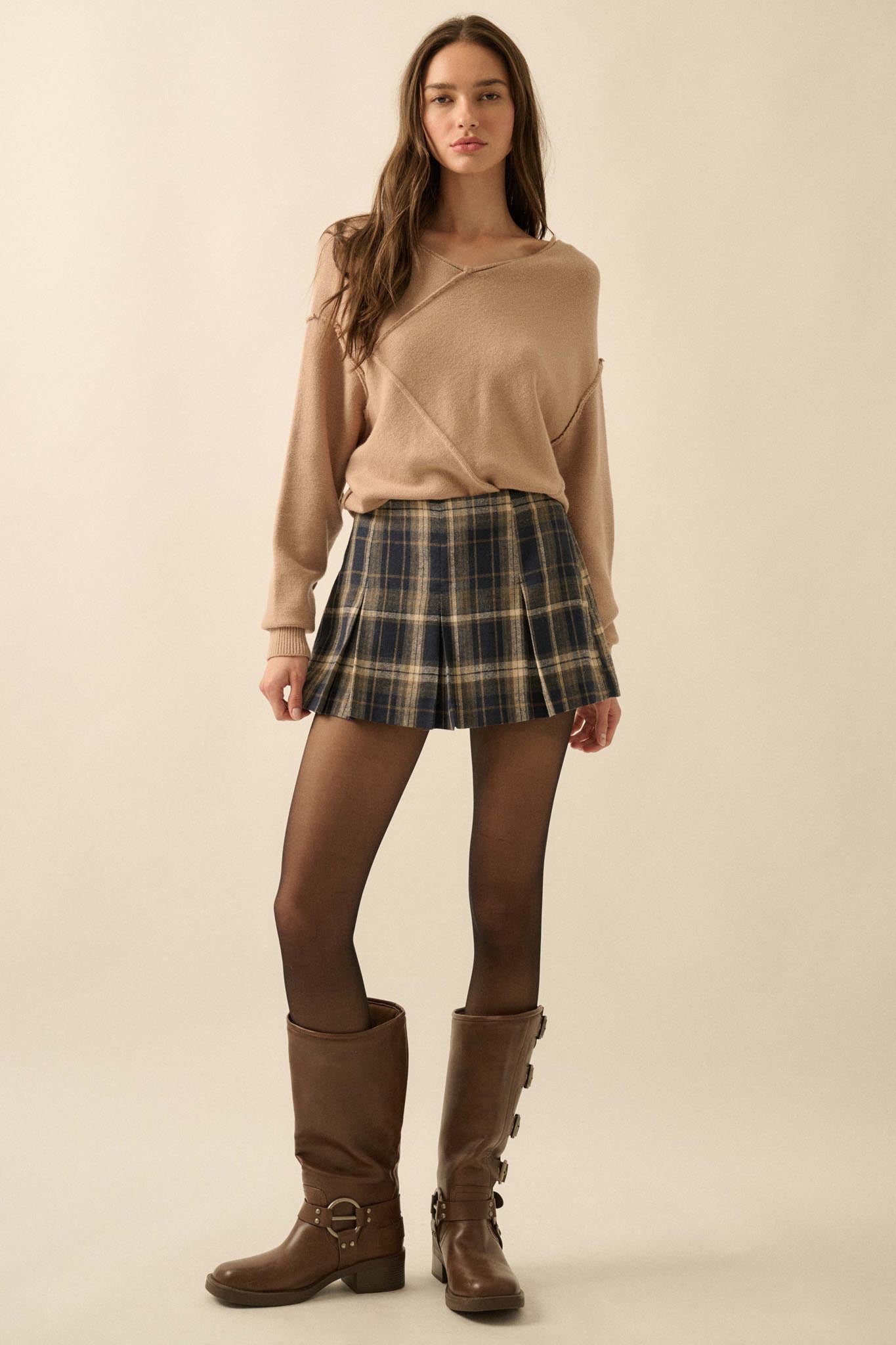 Plaid Mood Pleated Flannel Mini Skort