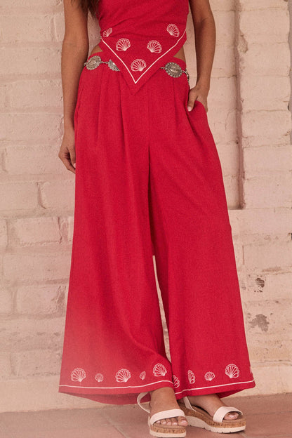 For Shore Shell-Embroidered Wide-Leg Pocket Pants