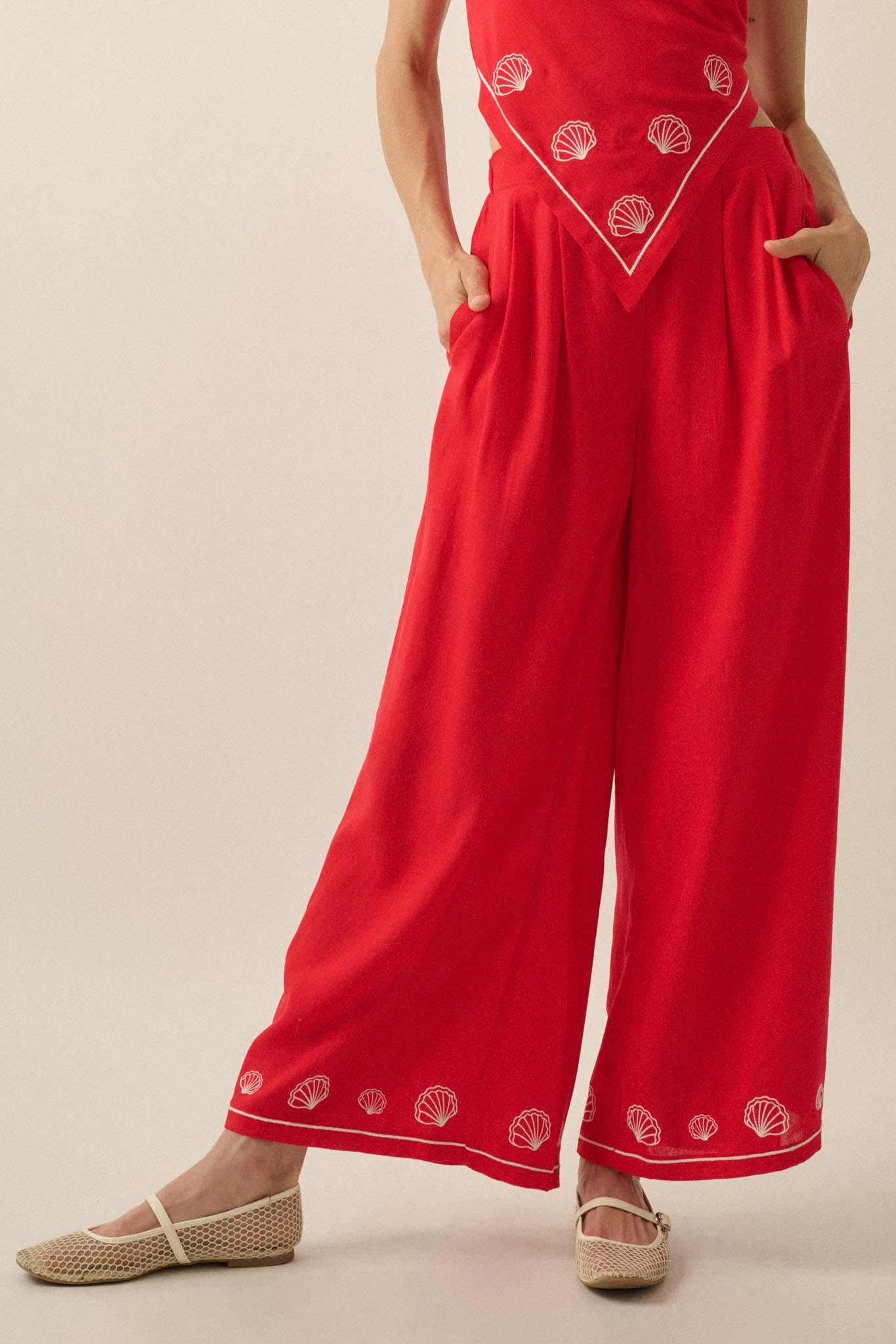 For Shore Shell-Embroidered Wide-Leg Pocket Pants