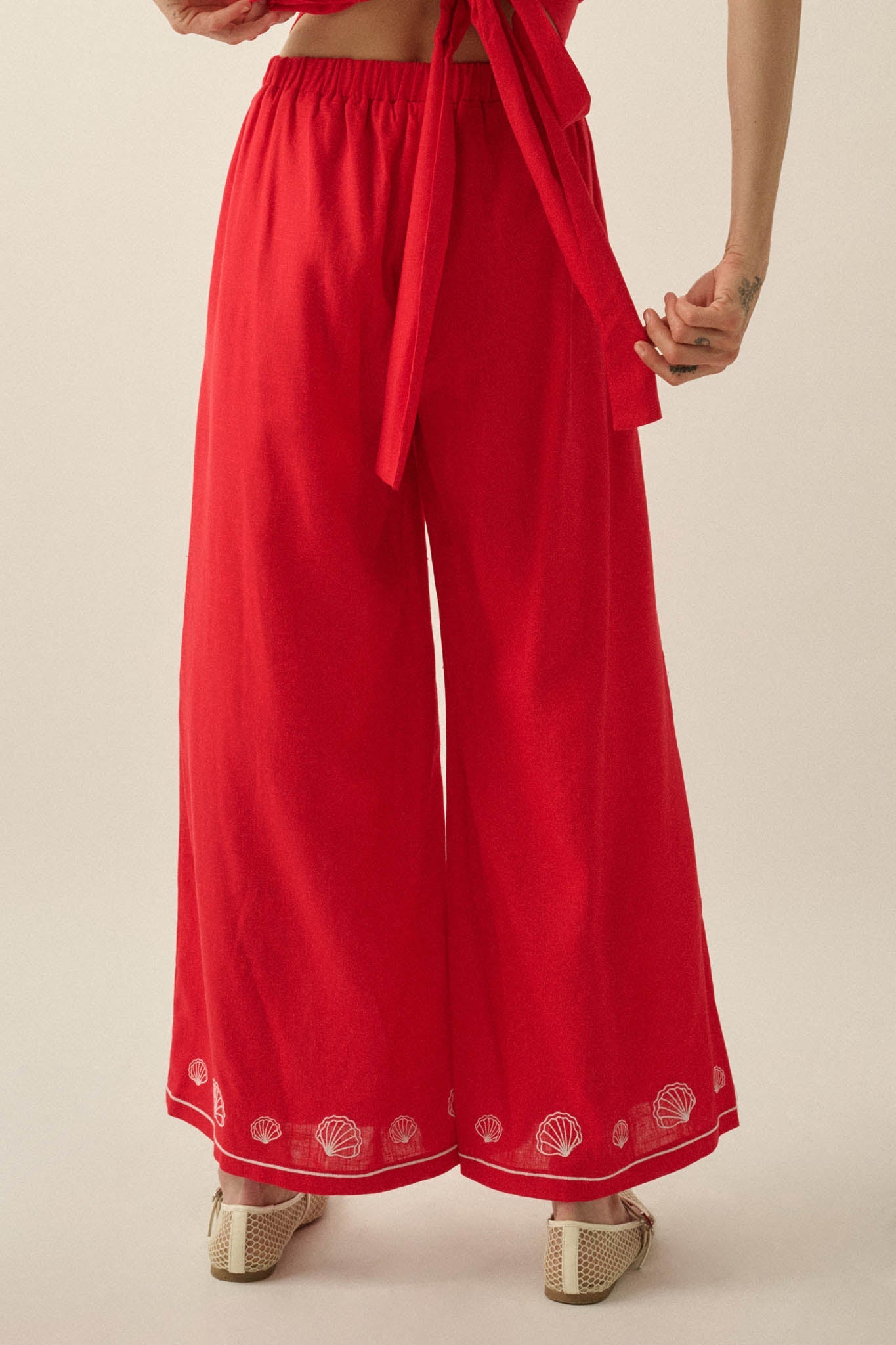 For Shore Shell-Embroidered Wide-Leg Pocket Pants