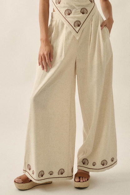 For Shore Shell-Embroidered Wide-Leg Pocket Pants