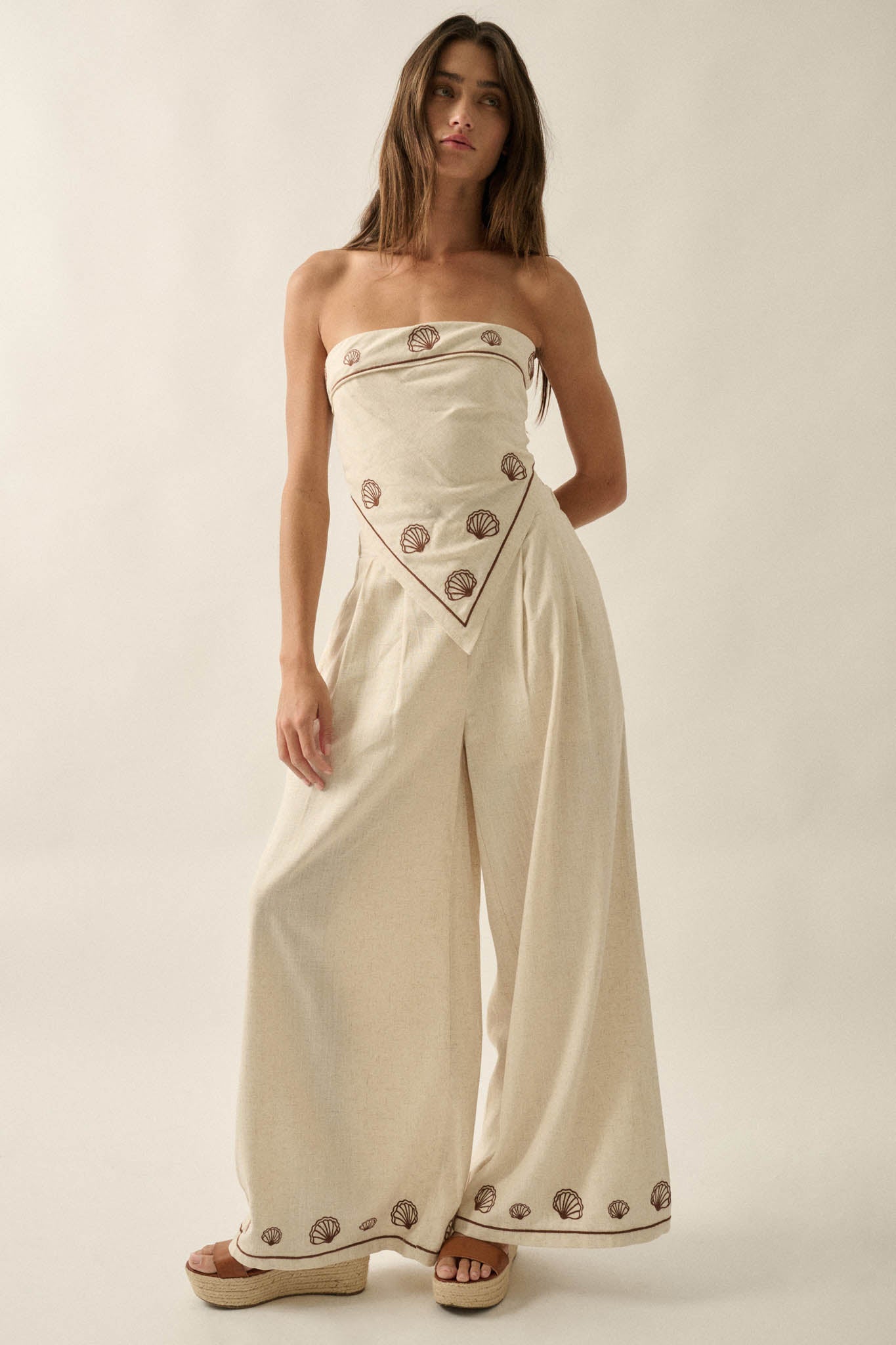 For Shore Shell-Embroidered Wide-Leg Pocket Pants