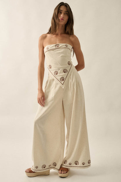 For Shore Shell-Embroidered Wide-Leg Pocket Pants