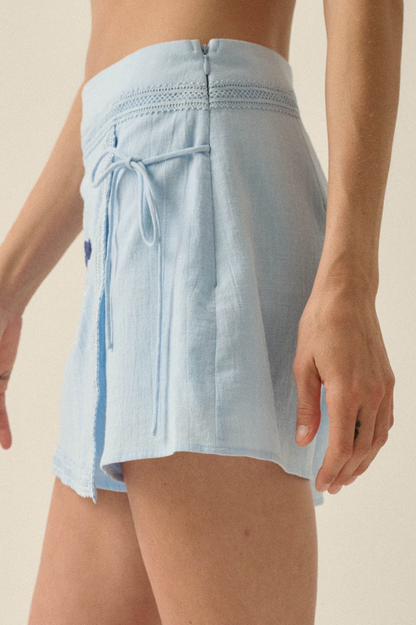 Playful Petals Floral-Embroidered Wrap Mini Skort