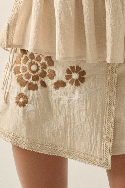Playful Petals Floral-Embroidered Wrap Mini Skort