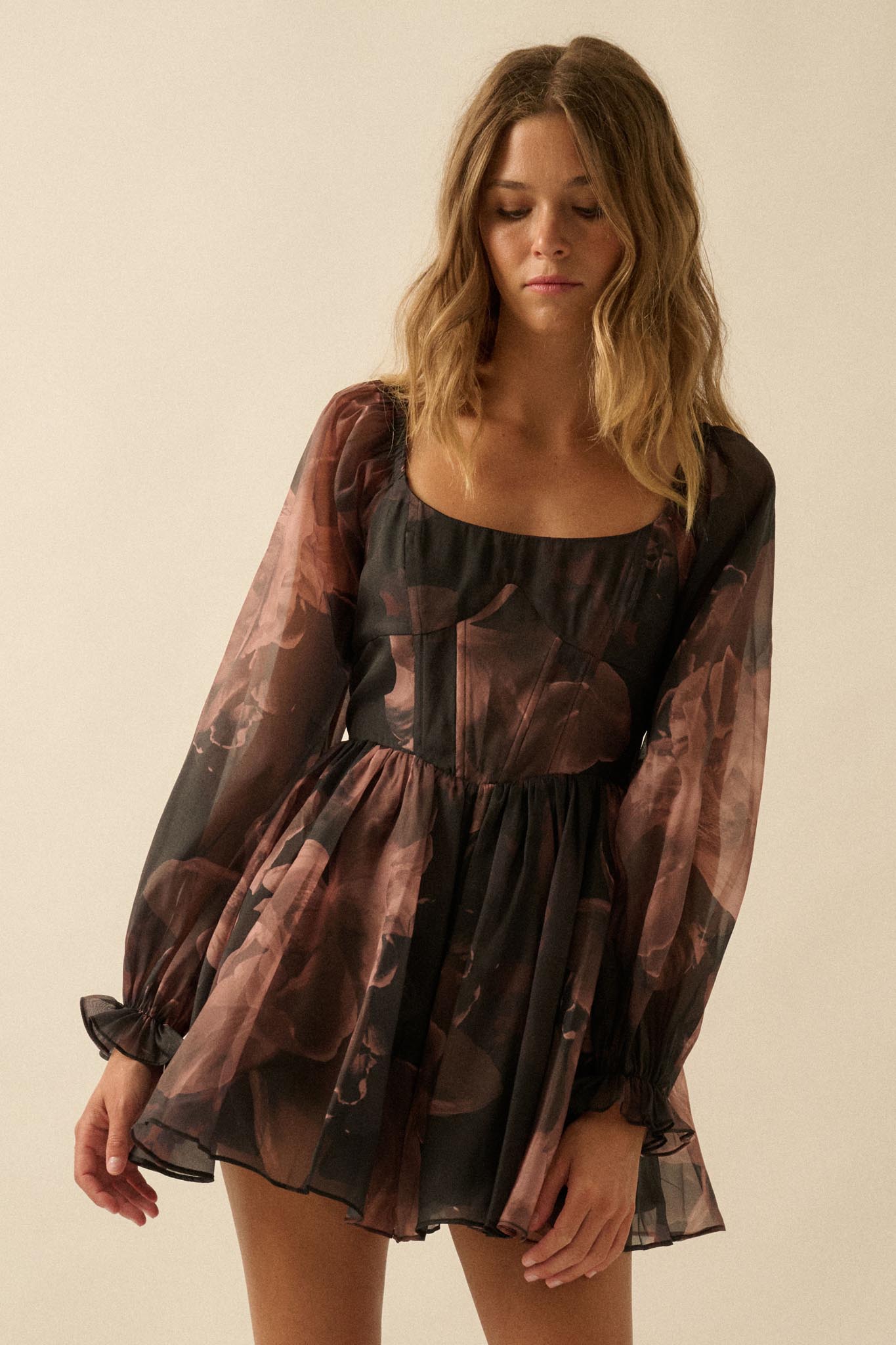 Rich Blossoms Floral Organza Corset Romper Dress