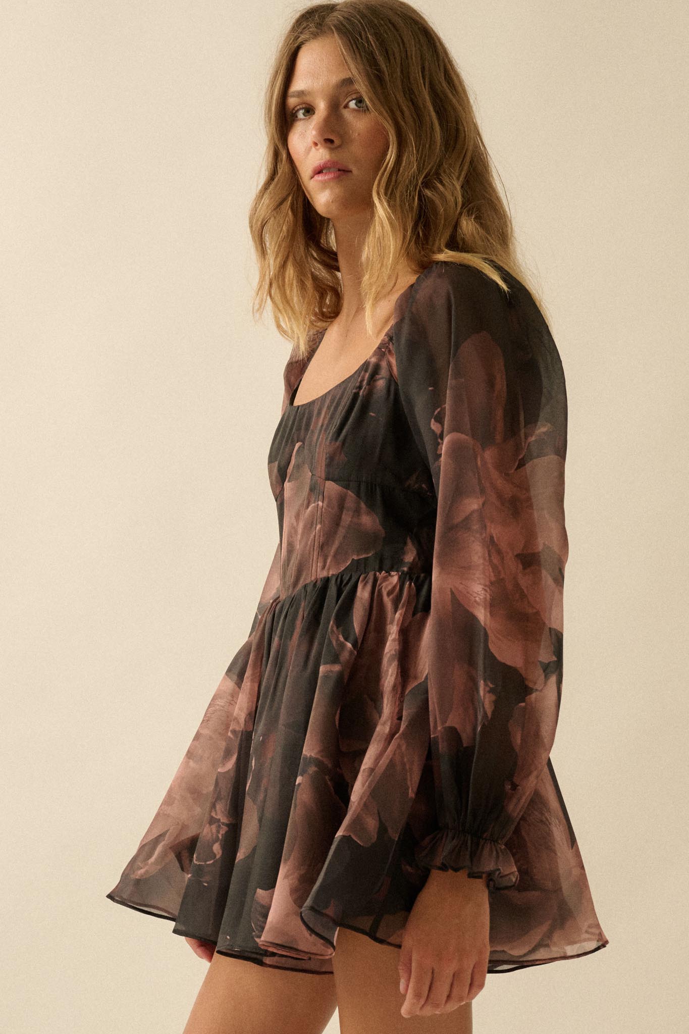 Rich Blossoms Floral Organza Corset Romper Dress