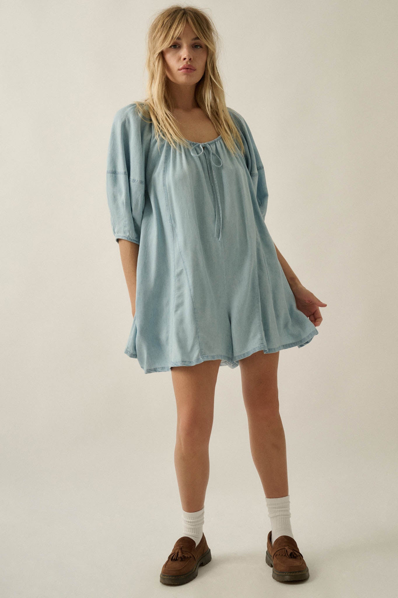 Beyond the Clouds Denim Puff-Sleeve Babydoll Romper