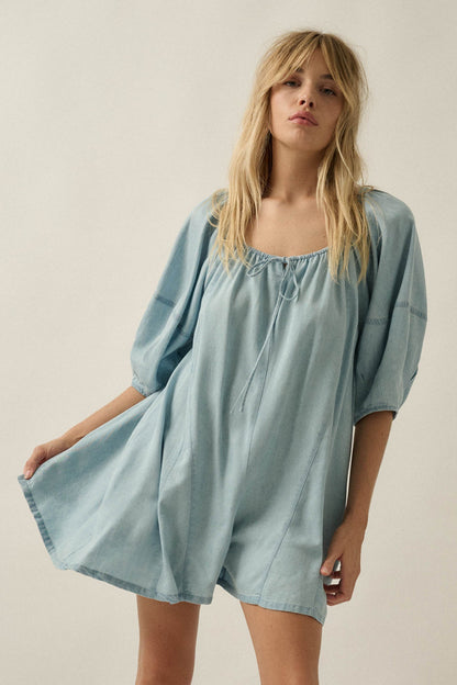 Beyond the Clouds Denim Puff-Sleeve Babydoll Romper
