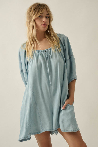 Beyond the Clouds Denim Puff-Sleeve Babydoll Romper
