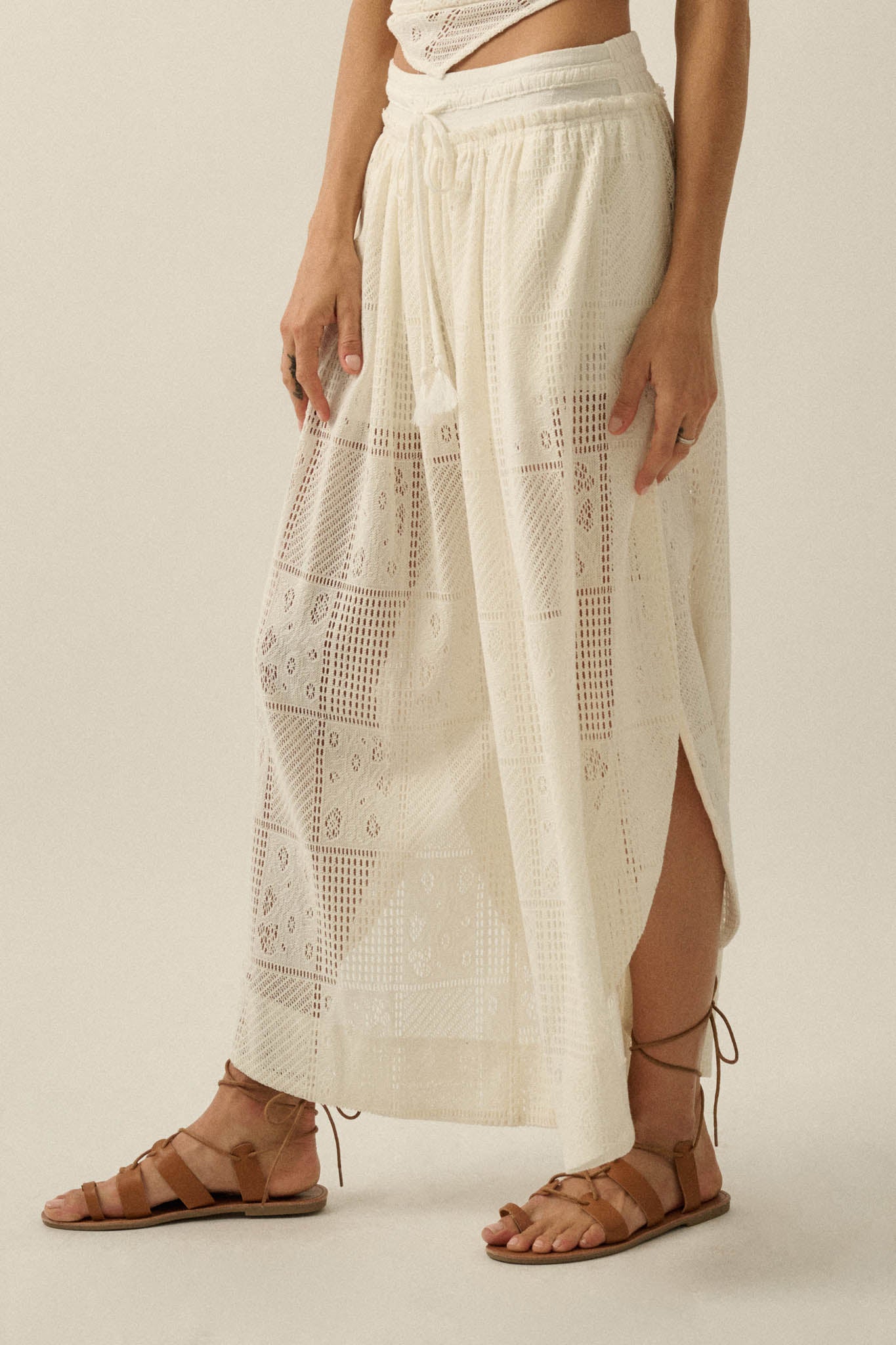 First Light Crochet Lace Drawstring Tulip Pants