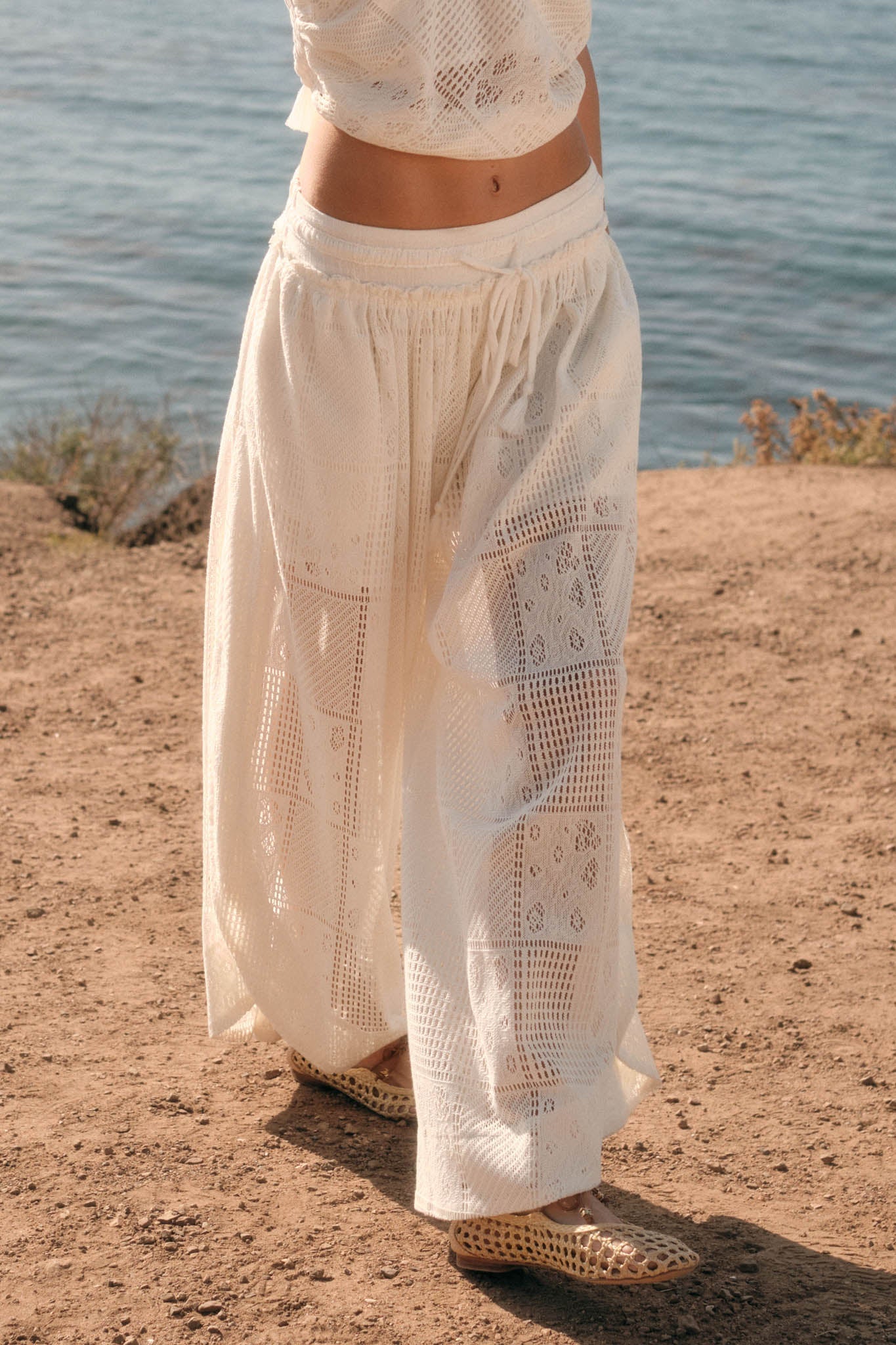 First Light Crochet Lace Drawstring Tulip Pants