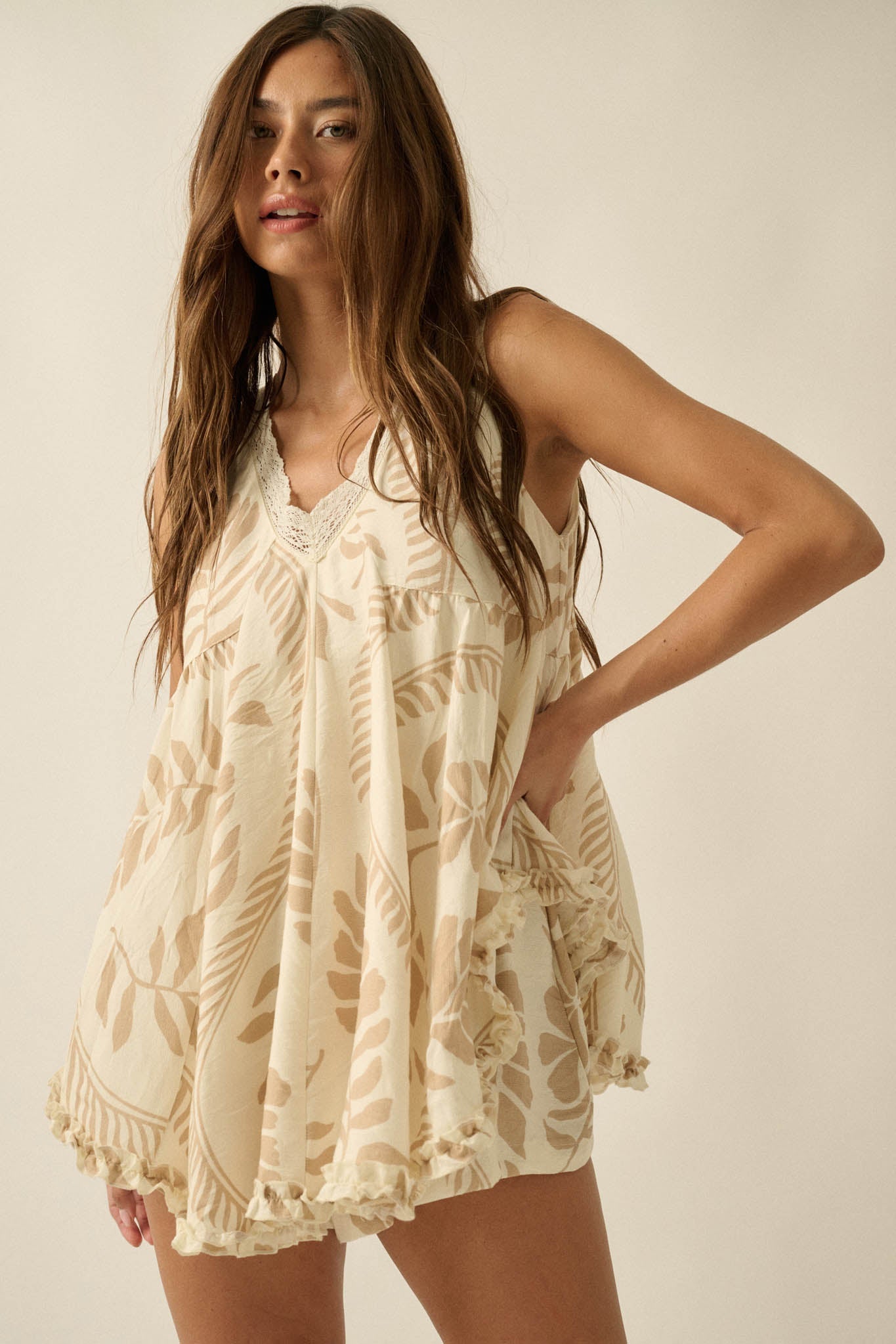 Jungle Boogie Tropical-Print Layered Babydoll Romper