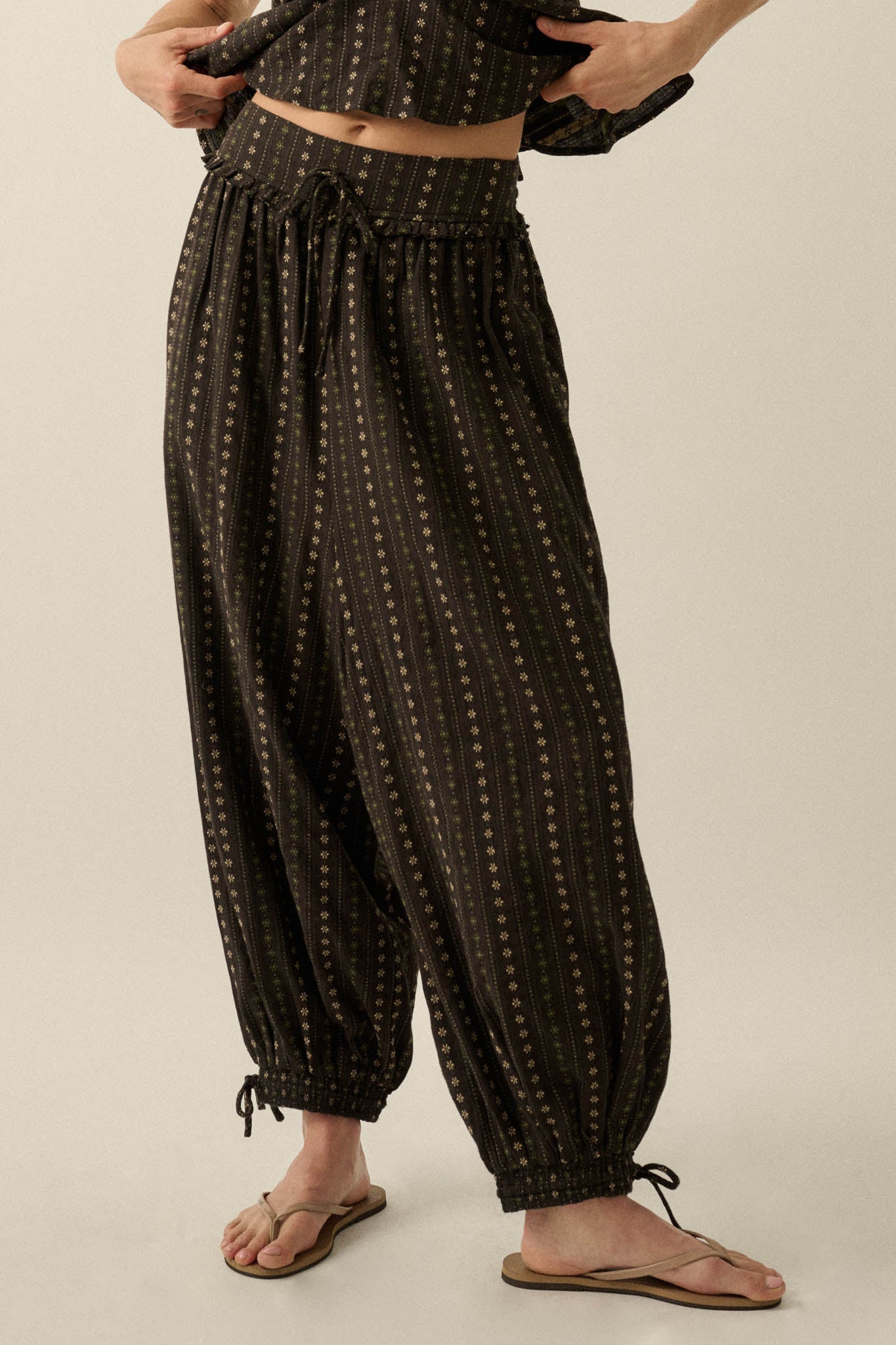 Blooming Bazaar Floral-Stripe Cotton Balloon Pants