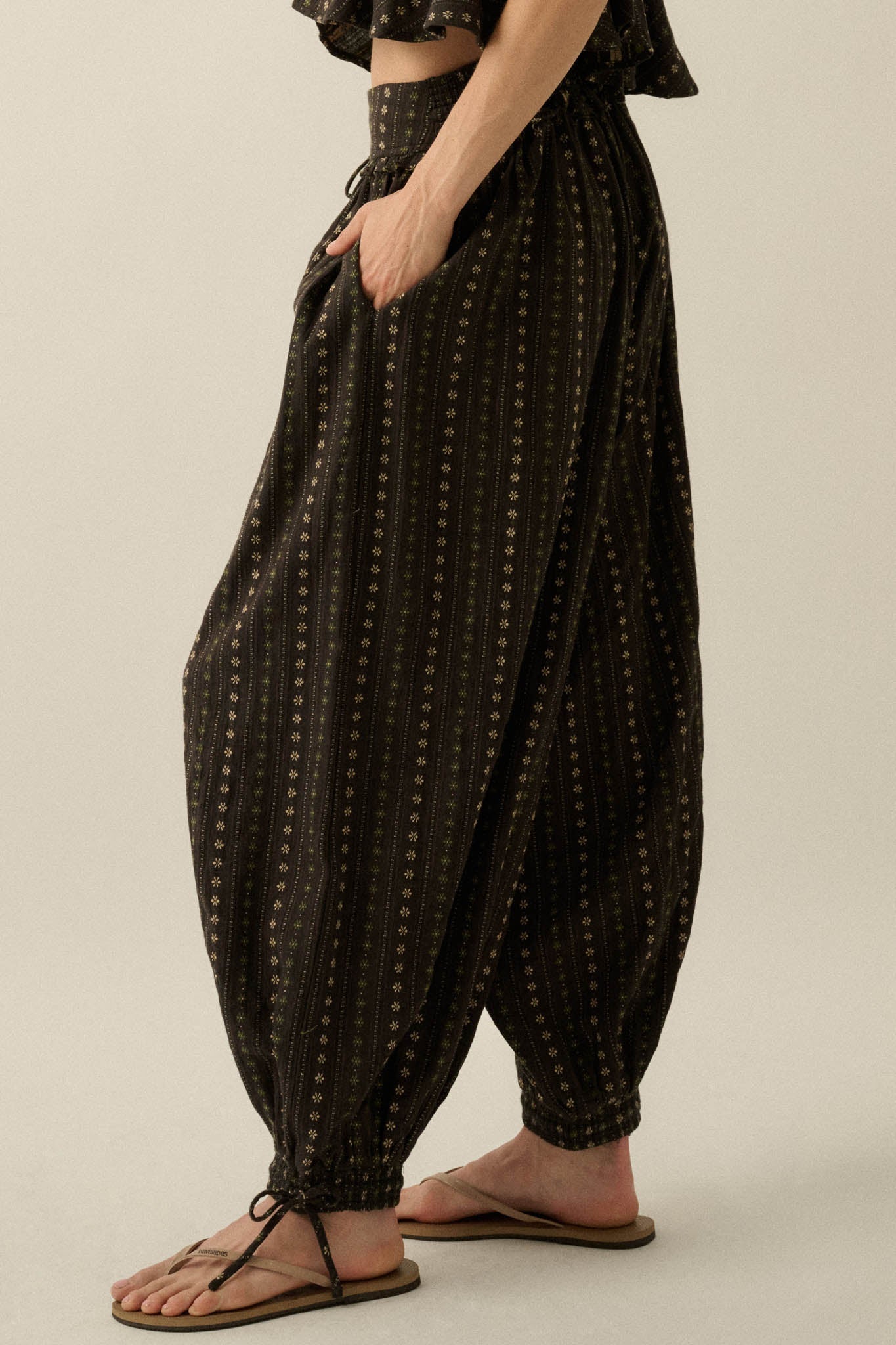Blooming Bazaar Floral-Stripe Cotton Balloon Pants