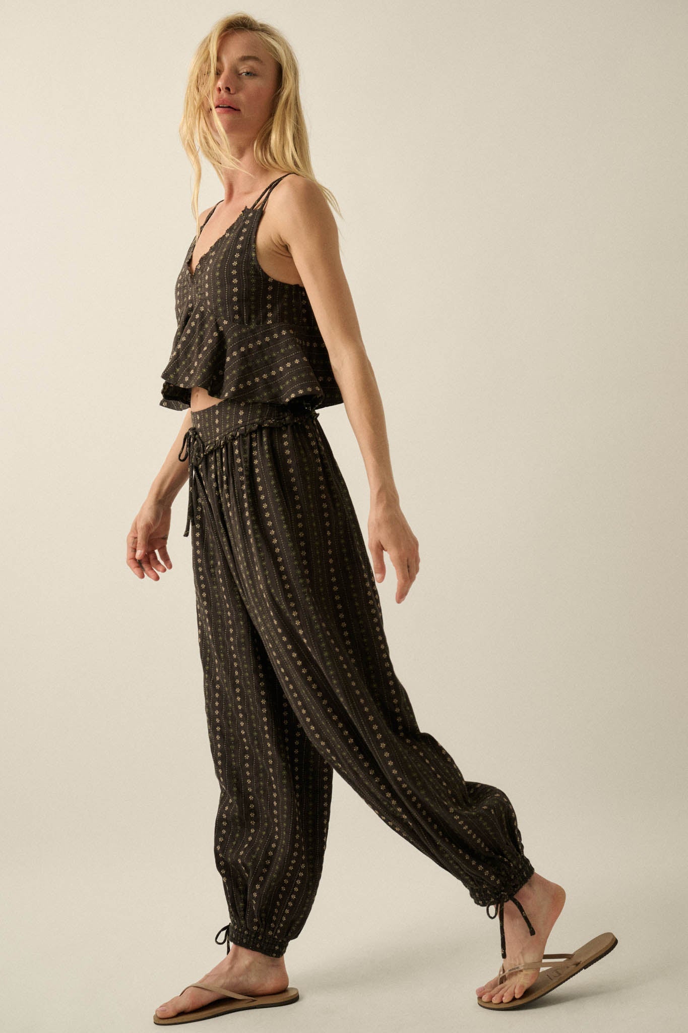 Blooming Bazaar Floral-Stripe Cotton Balloon Pants