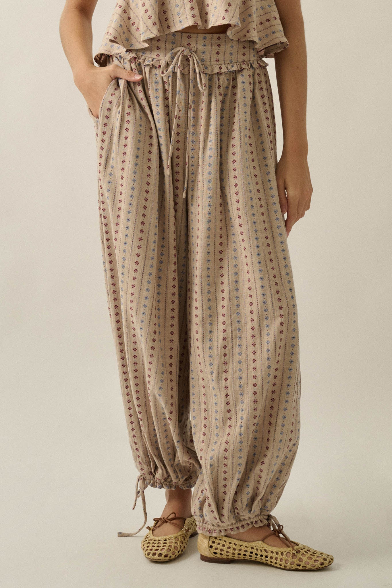 Blooming Bazaar Floral-Stripe Cotton Balloon Pants