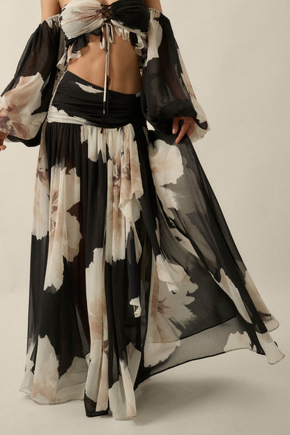 Pretty Peonies Floral Chiffon Drop-Waist Maxi Skirt