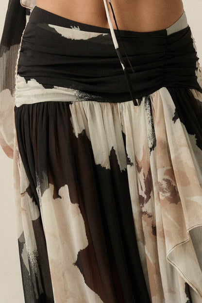 Pretty Peonies Floral Chiffon Drop-Waist Maxi Skirt