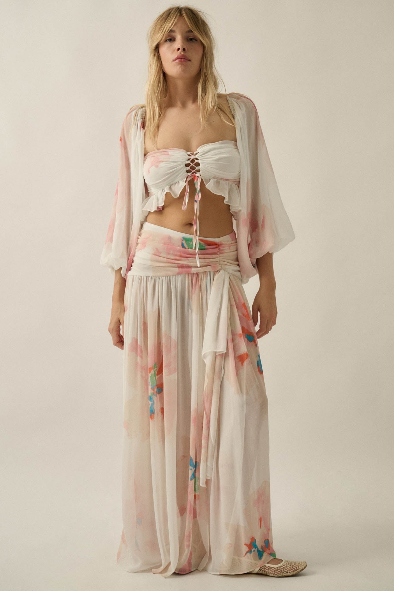 Pretty Peonies Floral Chiffon Drop-Waist Maxi Skirt