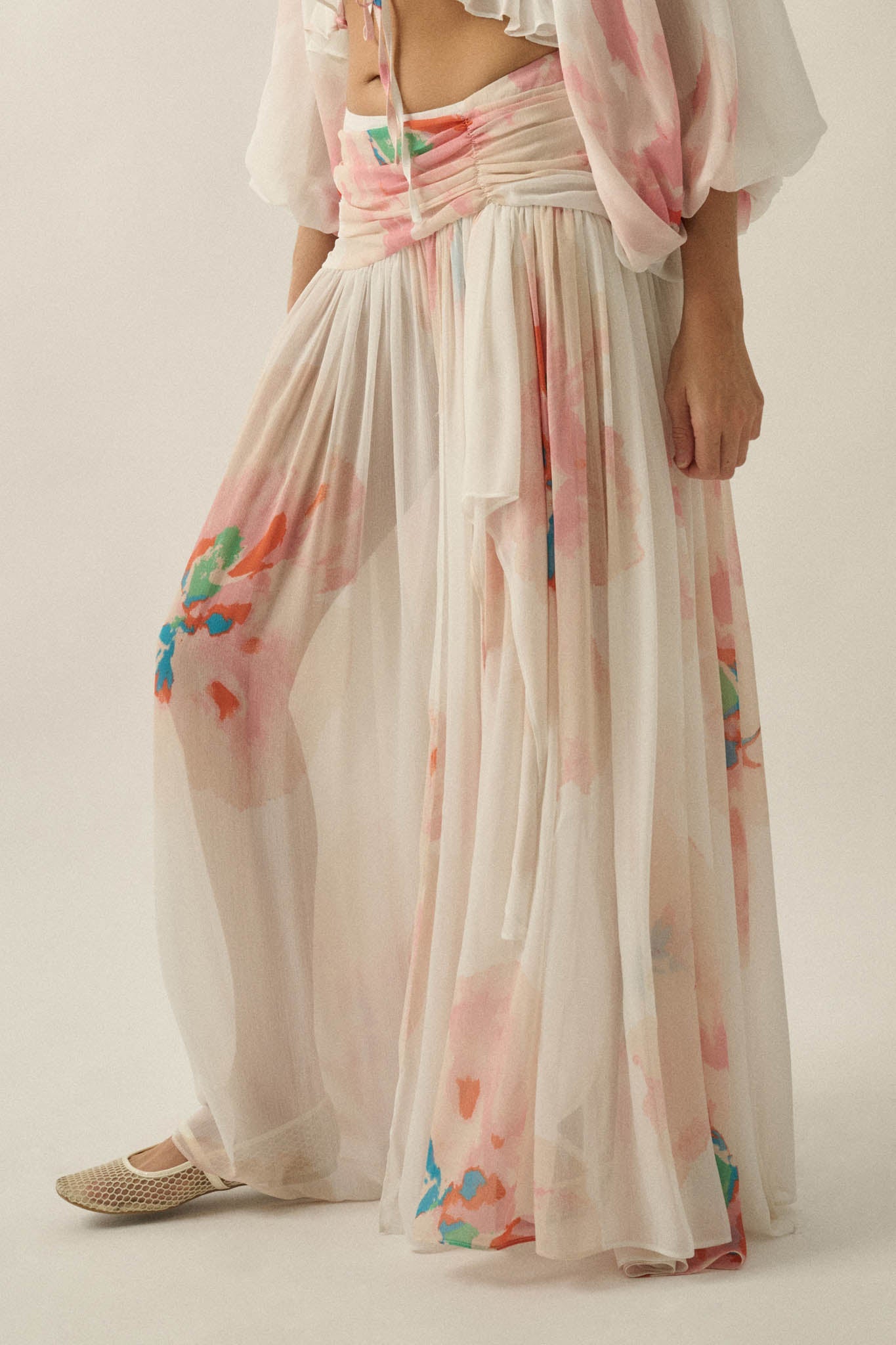 Pretty Peonies Floral Chiffon Drop-Waist Maxi Skirt
