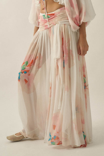Pretty Peonies Floral Chiffon Drop-Waist Maxi Skirt