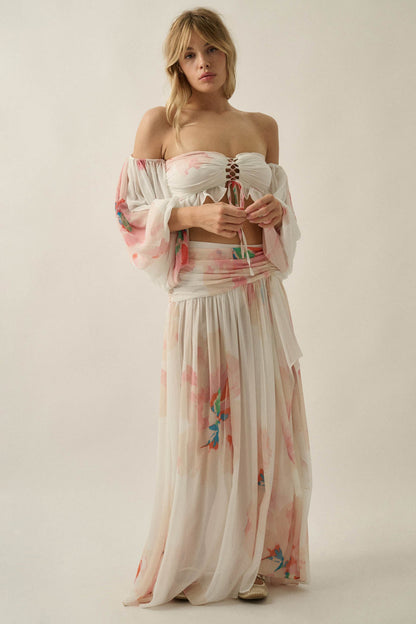 Pretty Peonies Floral Chiffon Drop-Waist Maxi Skirt