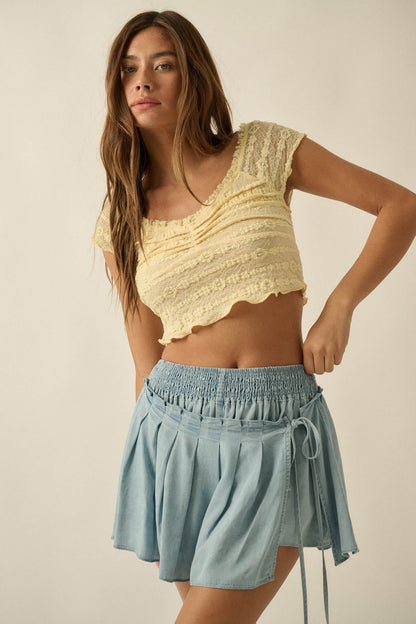 Blue Belle Smocked Denim Pleated Wrap Mini Skort