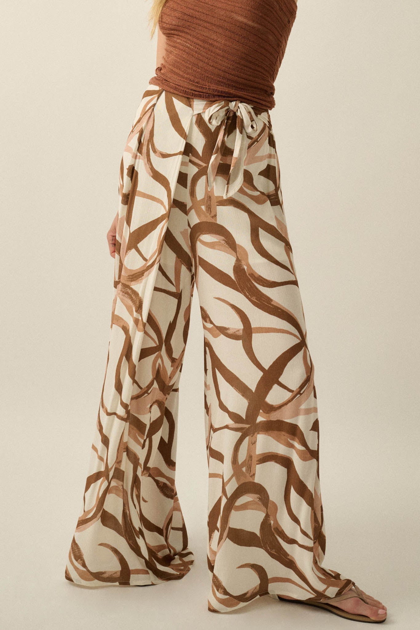 Loose Ends Ribbon-Print Wide-Leg Wrap Pants